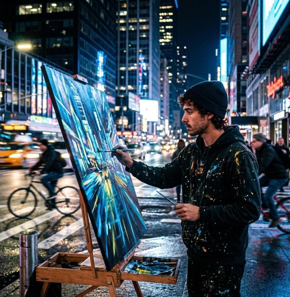 New piece exploring color contrast in an urban setting. Trying to capture the energy of the city at night.