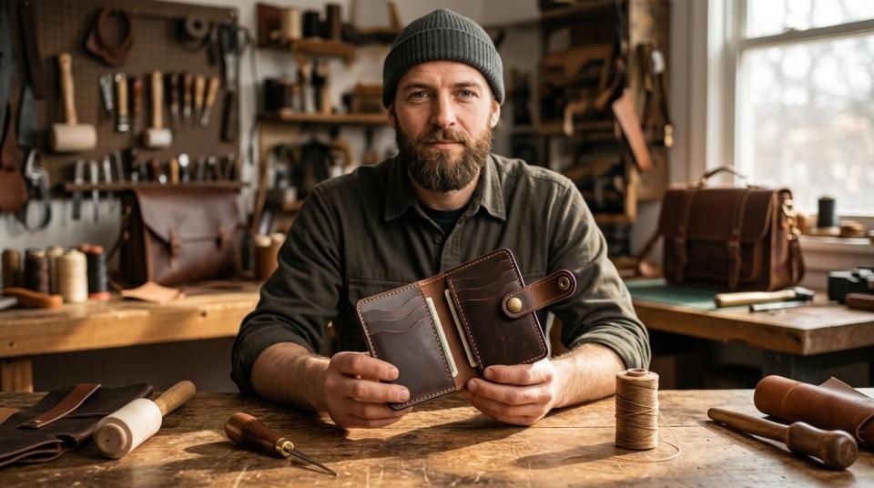 Just finished hand-stitching a new wallet design — full grain leather, aged brass hardware, built to last decades not seasons.